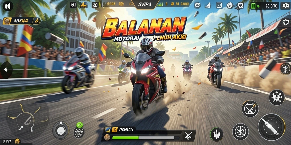 Tampilan gameplay balapan motor yang mendebarkan di SVIP4.
